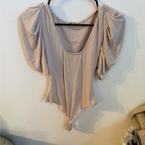 Free People Beige Puff-Sleeve Ribbed Bodysuit